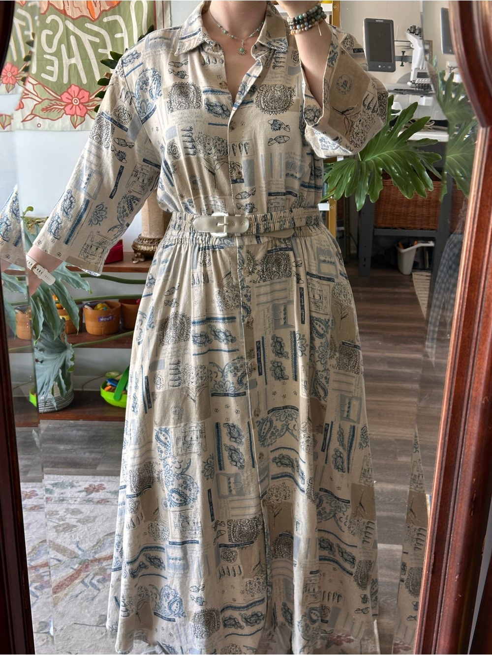 Rare Vintage Linen 70s/80s Printed Button-Front Midi Dress with Tie Waist - Picture 13 of 15